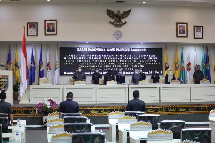 Gubernur Arinal Sampaikan Jawaban atas Pemandangan Fraksi-Fraksi DPRD Provinsi Lampung terhadap Raperda Pertanggungjawaban APBD Tahun Anggaran 2020